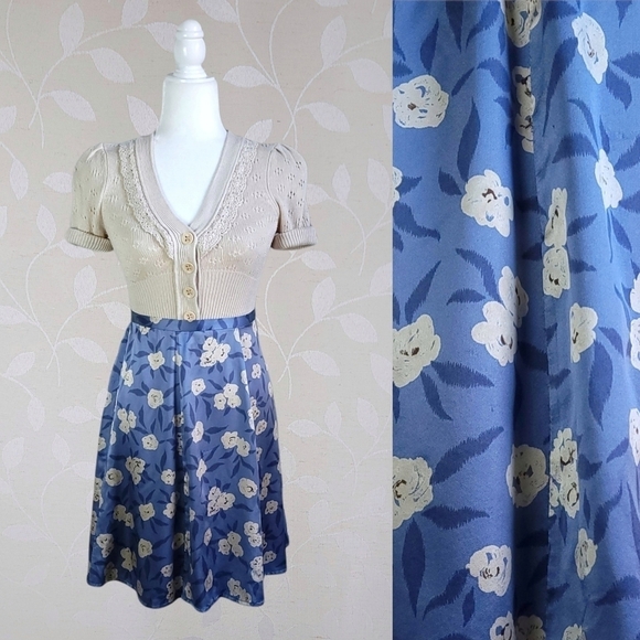 Vintage 90s Floral Cream Rose Print Silk Skirt Ann Taylor Periwinkle Blue S - Picture 1 of 16